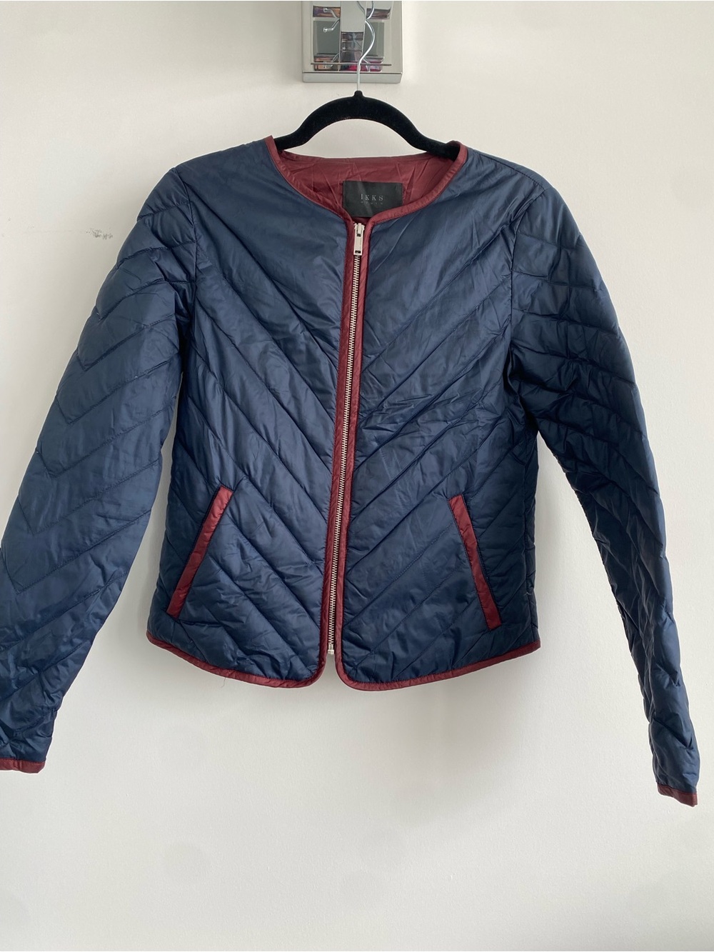 Ikks Navy Quilted Puffer Jacket with Burgundy Trim